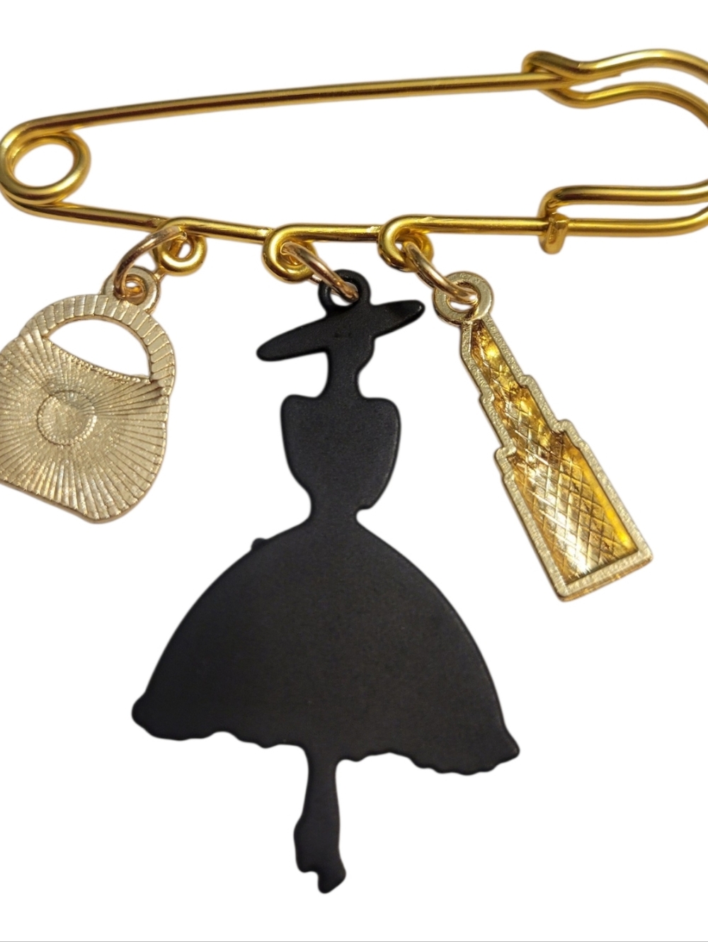 Safety Pin Brooch with Dangling Charms - Picture 2 of 3